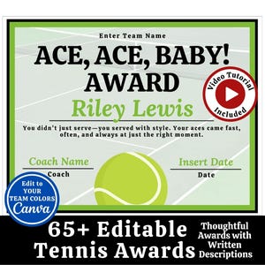 Editable Tennis Award Certificates, End of Season Tennis Team Awards Banquet, Tennis Editable Templates, Sports Team Party Ideas, Edit Canva