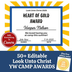 YW Camp Award Certificates, LDS Girls Camp Awards for Young Women, Printable Editable in Canva, Look Unto Christ 2025 theme, Tuck in Treats