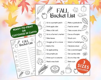 Puede incluir: Una lista de deseos de otoño para imprimir con una ilustración en blanco y negro de una calabaza, hojas, un balón de fútbol, una fogata, un pastel, una taza, un libro, una ardilla y maíz. La lista incluye actividades como ir a un huerto de calabazas, beber sidra de manzana, hacer una manualidad de otoño, ir a un mercado de agricultores, rastrillar hojas, acurrucarse para ver una película, hacer una fogata, ir a recoger manzanas, comer pastel de calabaza, disfrazarse, leer un libro nuevo, hornear un pastel, hacer una lista de gratitud, alimentar a un animal, dar un paseo panorámico, tallar una calabaza, desgranar maíz, ver un partido de fútbol, tomar fotos de otoño, comer una manzana de caramelo, poner una mesa bonita, dar un paseo en un carro de heno y hornear un pastel. El texto "3 SIZES INCLUDED" está en un círculo rojo en la esquina inferior derecha de la página.