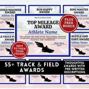 May include: A set of 55+ printable track and field awards for athletes. The awards feature a blue and white design with a running shoe graphic. The text on the awards includes "Speed Machine Award", "Run Happy Award", "Top Mileage Award", "Ring Master Award", "Hustle and Heart Award", and "Pole Vault Pioneer Award".
