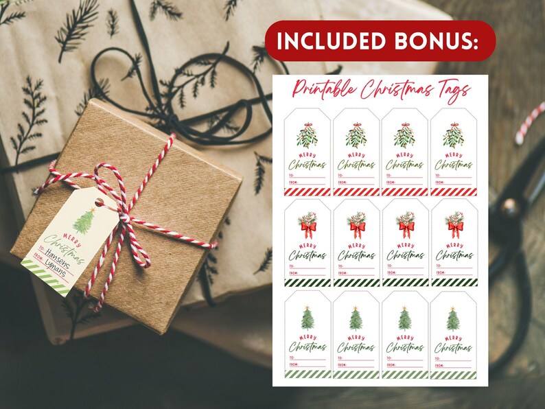 Pode incluir: Uma caixa de presente embrulhada com uma etiqueta que diz "Merry Christmas". O presente &eacute; amarrado com barbante vermelho e branco. Inclui uma folha de etiquetas de Natal imprim&iacute;veis com v&aacute;rios designs festivos e o texto "Merry Christmas".