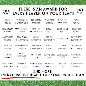 Puede incluir: Un gr&aacute;fico colorido con un gr&aacute;fico de f&uacute;tbol en la parte superior e inferior. El gr&aacute;fico enumera premios para cada jugador de un equipo de f&uacute;tbol, como "110% de Esfuerzo", "Fantastico Trabajo de Pies", "Manipulador de Bal&oacute;n de Elite", "Portero de Oro", "Deportividad", "Jugador de Equipo", "Campe&oacute;n de la Escapada", "Asistente Magn&iacute;fico", "Maestro Mediocampista", "M&aacute;s Goles", "Bot&iacute;n Hermoso", "&Uacute;ltimo en Salir", "Pasador Incre&iacute;ble", "Lanzamientos Incre&iacute;bles", "M&aacute;s Mejorado", "Alma de la Fiesta", "Patada Asesina", "Superestrella Defensiva", "En el Juego para Ganarlo", "Cabeceras Sobresalientes", "Superestrella Defensiva", "M&aacute;s Atajadas", "M&aacute;quina de Velocidad", "Estrella de la Esquina", "Super Delantero", "Jugador M&aacute;s Mejorado", "Mejor Tiro Libre", "Mejor Penal", "Jugador M&aacute;s Valioso", "Alivio C&oacute;mico", "Lugar Correcto en el Momento Correcto", "Actitud Positiva", "Jugador Consistente", "Pasador Poderoso", "Nunca Cansado", "Superar Obst&aacute;culos", y "&iexcl;Y M&aacute;s! Todo es Editable para Tu Equipo &Uacute;nico".