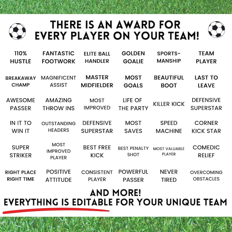Puede incluir: Un gr&aacute;fico colorido con un gr&aacute;fico de f&uacute;tbol en la parte superior e inferior. El gr&aacute;fico enumera premios para cada jugador de un equipo de f&uacute;tbol, como "110% de Esfuerzo", "Fantastico Trabajo de Pies", "Manipulador de Bal&oacute;n de Elite", "Portero de Oro", "Deportividad", "Jugador de Equipo", "Campe&oacute;n de la Escapada", "Asistente Magn&iacute;fico", "Maestro Mediocampista", "M&aacute;s Goles", "Bot&iacute;n Hermoso", "&Uacute;ltimo en Salir", "Pasador Incre&iacute;ble", "Lanzamientos Incre&iacute;bles", "M&aacute;s Mejorado", "Alma de la Fiesta", "Patada Asesina", "Superestrella Defensiva", "En el Juego para Ganarlo", "Cabeceras Sobresalientes", "Superestrella Defensiva", "M&aacute;s Atajadas", "M&aacute;quina de Velocidad", "Estrella de la Esquina", "Super Delantero", "Jugador M&aacute;s Mejorado", "Mejor Tiro Libre", "Mejor Penal", "Jugador M&aacute;s Valioso", "Alivio C&oacute;mico", "Lugar Correcto en el Momento Correcto", "Actitud Positiva", "Jugador Consistente", "Pasador Poderoso", "Nunca Cansado", "Superar Obst&aacute;culos", y "&iexcl;Y M&aacute;s! Todo es Editable para Tu Equipo &Uacute;nico".