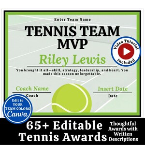 Editable Tennis Award Certificates, End of Season Tennis Team Awards Banquet, Tennis Editable Templates, Sports Team Party Ideas, Edit Canva