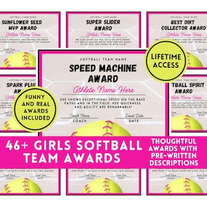 Puede incluir: Una colección de premios de equipo de softbol con descripciones preescritas. Los premios presentan un diseño rosa y blanco con un gráfico de softbol. El texto incluye nombres de premios como "Sunflower Seed MVP Award" y "Speed Machine Award."