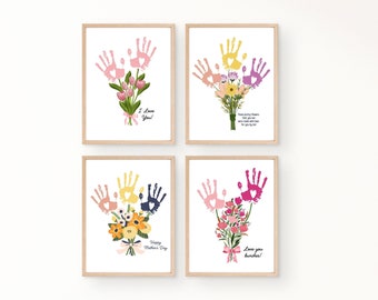 Manualidades con huellas de manos de flores para el Día de la Madre, imprimibles para mamá, abuela, regalo de huellas de manos para niños, bebés y niños pequeños, recuerdo de arte con huellas de manos para mamá.