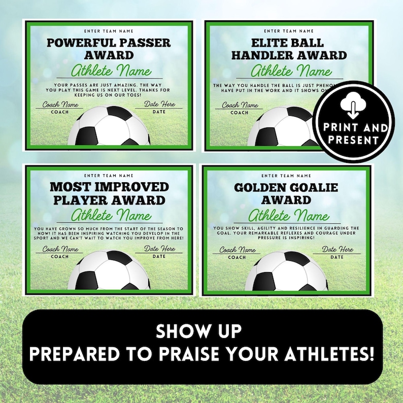 Puede incluir: Cuatro certificados de premio de f&uacute;tbol imprimibles con bordes verdes y un gr&aacute;fico de bal&oacute;n de f&uacute;tbol. Los premios son para "Pasador Poderoso", "Manipulador de Bal&oacute;n de &Eacute;lite", "Jugador M&aacute;s Mejorado" y "Portero de Oro".