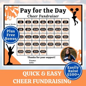 Könnte beinhalten: Ein druckbarer Cheer-Fundraising-Chart mit einem Raster aus Quadraten, jedes mit einem Dollarbetrag von 1 $ bis 31 $ und der Möglichkeit, einen "BELIEBIGEN" Betrag zu spenden. Der Chart hat ein blaues und oranges Farbschema mit einem Cheerleading-Thema. Der Text "Pay for the Day Cheer Fundraiser" befindet sich oben auf dem Chart. Der Text "Plus Free Bonus" befindet sich in einem blauen Kreis oben links auf dem Chart. Der Text "Quick & Easy Cheer Fundraising" befindet sich unten auf dem Chart. Der Text "Easily Raise $500+" befindet sich in einem blauen Kreis unten rechts auf dem Chart.