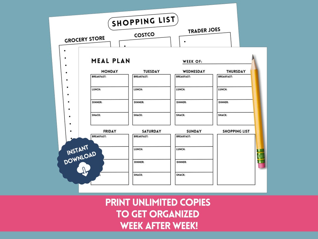 Meal Planner Printable Weekly Menu Family Meal Tracker Shopping List ...