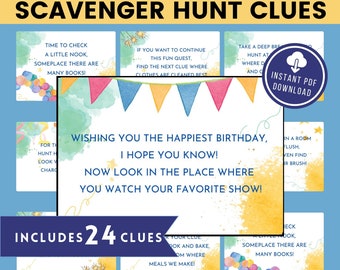 Indoor Birthday Scavenger Hunt Treasure Hunting Clues, Printable Clues, Scavenger Hunting Easy Difficult Treasure Hunt, Clues Kid Teen Hunt