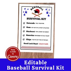 Edytowalny szablon etykiety na torbę z zestawem przetrwania w baseballu, edytowalna etykieta na prezent dla gracza baseballowego do wydrukowania, prezent DIY na turniej drużynowy Tball Snack Bag Canva