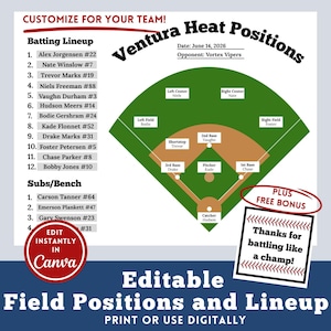 Editable Baseball Batting Lineup Softball Field Position, Printable Lineup Card, Batting Order Sheet Canva Printable Roster Team Travel Ball