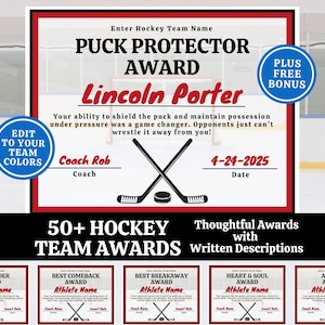 Editable Hockey Award Certificates, End of Season Hockey Team Awards Banquet, Field Hockey Ice Hockey Templates, Team Party Ideas Printable