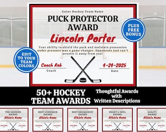 Editable Hockey Award Certificates, End of Season Hockey Team Awards Banquet, Field Hockey Ice Hockey Templates, Team Party Ideas Printable