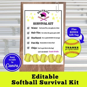 Szablon etykiety na torbę z zestawem przetrwania w softballu, edytowalna etykieta na prezent dla gracza w softball, prezent na turniej drużyny softballowej, mama softballa, dostosuj w Canva