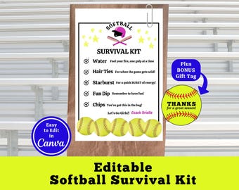 Modello di etichetta per borsa con kit di sopravvivenza per softball, etichetta regalo modificabile per giocatore di softball, regalo per torneo di softball, mamma di softball, personalizzabile su Canva