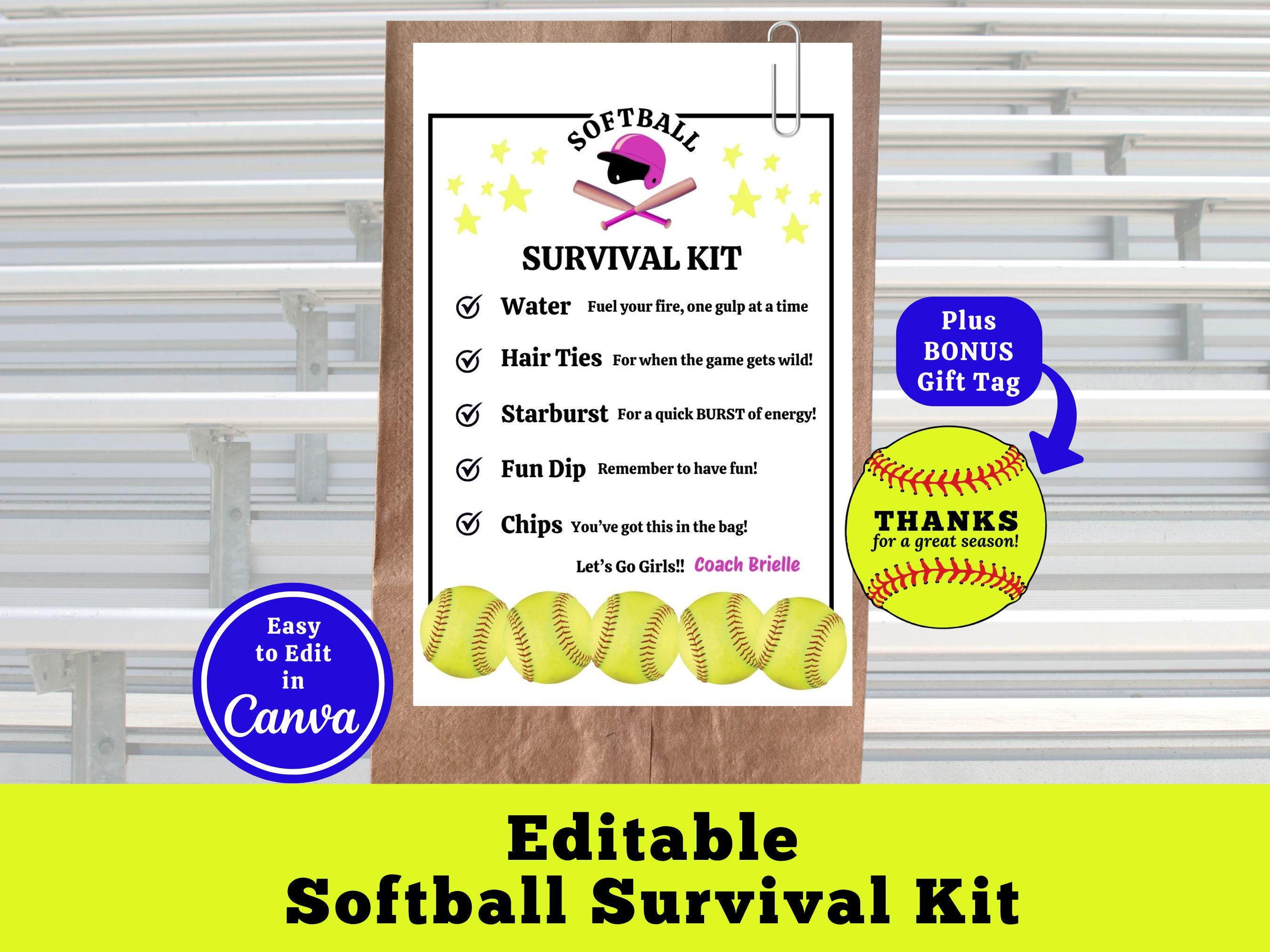 Softball Survival Kit Bag Tag Template, Editable Softball Player Gift ...