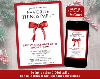 Puede incluir: Una invitación con borde rojo para una "Favorite Things Party" con una ilustración de lazo en acuarela. La invitación incluye detalles del evento y una solicitud para traer un regalo envuelto. Un smartphone muestra la misma invitación.