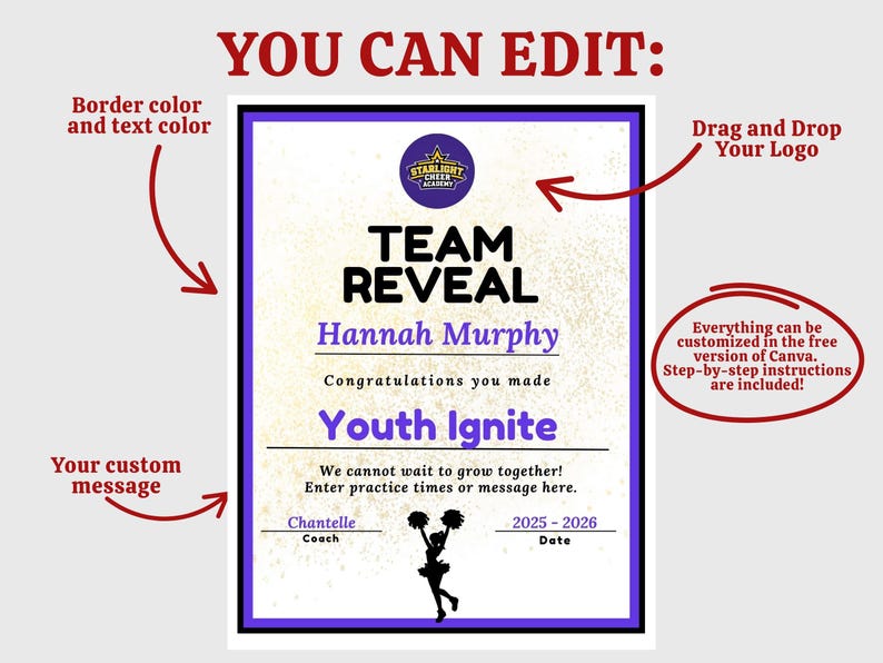 May include: A certificate with a purple border and text that reads "TEAM REVEAL" and "Youth Ignite". The certificate includes the name "Hannah Murphy" and a cheerleader graphic. The text "YOU CAN EDIT" is at the top.