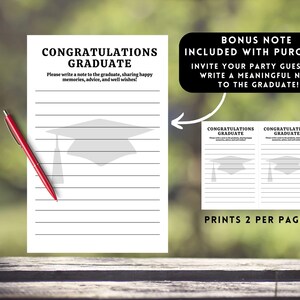 May include: A white graduation note sheet with the text "CONGRATULATIONS GRADUATE" and a mortarboard graphic. A red pen rests on the sheet. A bonus note is included with the purchase, inviting guests to write a note.