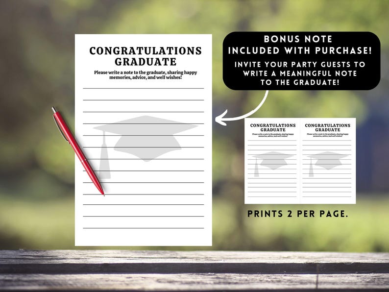 May include: A white graduation note sheet with the text "CONGRATULATIONS GRADUATE" and a mortarboard graphic. A red pen rests on the sheet. A bonus note is included with the purchase, inviting guests to write a note.