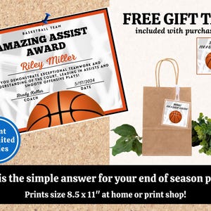 May include: Printable basketball award certificate with an orange basketball graphic and the text "Amazing Assist Award". The certificate is 8.5 inches by 11 inches and includes a free gift tag.