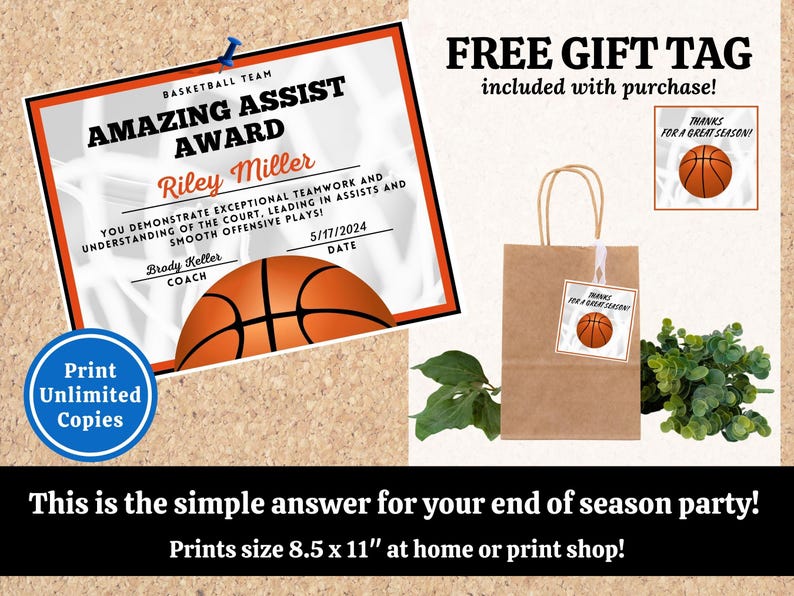 May include: Printable basketball award certificate with an orange basketball graphic and the text "Amazing Assist Award". The certificate is 8.5 inches by 11 inches and includes a free gift tag.