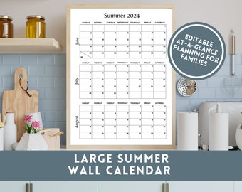 Summer Calendar 2024 Large Wall Calendar Printable for Summer Family Calendar June July Editable Calendar Template Hello Summer Planner