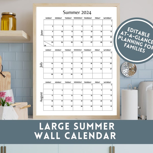 Summer Calendar 2024 Large Wall Calendar Printable for Summer Family Calendar June July Editable Calendar Template Hello Summer Planner