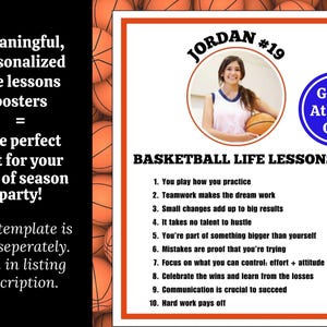 May include: A printable basketball life lessons poster with a photo of a young woman holding a basketball. The poster is titled "Basketball Life Lessons" and includes 10 life lessons, such as "You play how you practice" and "Hard work pays off".