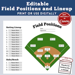 Alineación de bateo de béisbol editable, posición en el campo de sóftbol, tarjeta de alineación imprimible, hoja de orden de bateo, plantilla imprimible de Canva, pelota de viaje del equipo