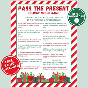 Weihnachtspass das Geschenkspiel Weihnachtsfeierspiel zum Ausdrucken für Erwachsene Kinder Jugendliche Gruppe Geschenkbörse Spielpass das Geschenk Paket Preis