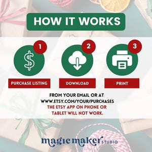 Pode incluir: Imagem mostrando os passos: Comprar, Baixar e Imprimir. Cada etapa &eacute; numerada e tem um &iacute;cone. O texto "How It Works" est&aacute; no topo. O aplicativo Etsy no telefone ou tablet n&atilde;o funcionar&aacute;.