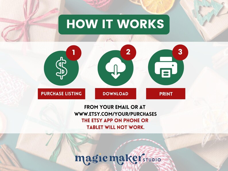 Pode incluir: Imagem mostrando os passos: Comprar, Baixar e Imprimir. Cada etapa &eacute; numerada e tem um &iacute;cone. O texto "How It Works" est&aacute; no topo. O aplicativo Etsy no telefone ou tablet n&atilde;o funcionar&aacute;.