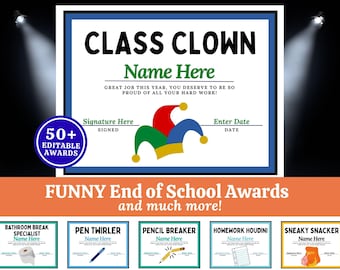 Divertenti certificati di premiazione per la classe modificabili in Canva, premi per i risultati di fine anno scolastico, regalo per studenti, regalo per insegnanti per cerimonia di laurea