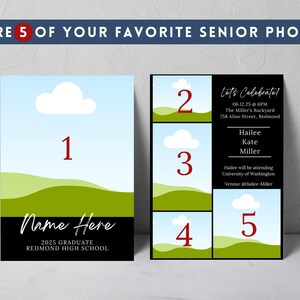 May include: A senior photo announcement with a blue sky and green landscape design. The announcement includes space for five photos, a name, graduation year, school, and event details. The text "SHARE 5 OF YOUR FAVORITE SENIOR PHOTOS!" is at the top.