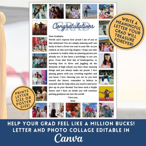 Plantilla de Canva para collage de fotos con cartas de graduación editables, regalo imprimible para fiesta de graduación, descarga digital, nota para mamá en la fiesta de graduación para niños y niñas.