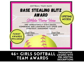 Editable Softball Award Certificate Template Softball Team Award Ceremony End of Season Party Printable Canva Party Funny Softball Awards