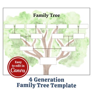 Family Tree Template 4 Generation, Family Tree Chart, Editable Printable for Family Reunion Gifts, Pedigree Chart, Genealogy Chart, Canva