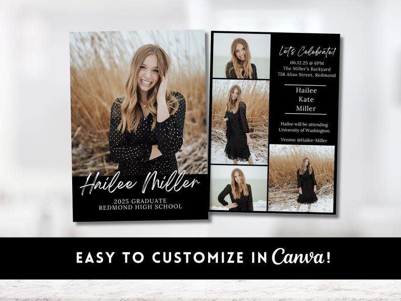 May include: Black and white graduation announcement featuring a smiling woman and multiple photos. The announcement includes the graduate's name, school, and event details. Text on the announcement reads "Let's Celebrate!" and "Easy to Customize in Canva!"