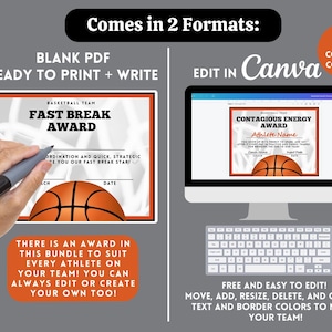 May include: Printable basketball award certificate template in two formats: blank PDF for printing and editing by hand, and an editable Canva template. The certificate features a basketball graphic and the text "Fast Break Award" and "Contagious Energy Award".
