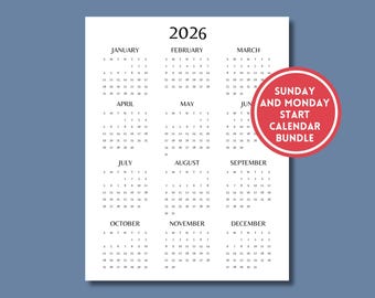 2026 Calendar Printable Planner, Monday Start, Single Page Year Calendar, Monthly Wall and Desk Calendar, 2026 Calendar Poster, PDF Digital