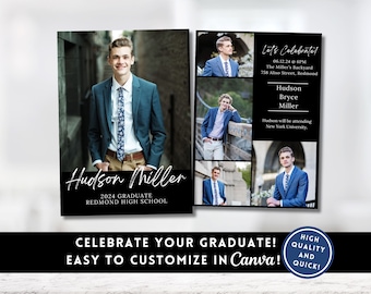 Junge Graduierung Einladung Vorlage, Klasse von 2026 Abschluss Bekanntmachung, Bearbeitbare High School Senior Bekanntmachungskarte, Canva Guy Party
