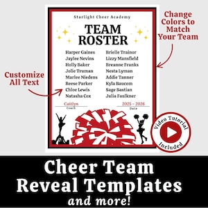 Cheer Team Reveal Template, Editable Cheer Tryout Flyer, Canva Team Announcement, Printable Roster Page, Cheerleader Reveal Sheet, Placement