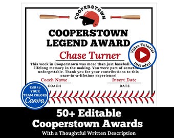 Cooperstown Baseball Award Certificate, Editable Awards, Printable End of Season Award Ceremony, Canva Template, Team Party Banquet Gift