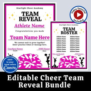 Cheer Team Reveal Template, Editable Cheer Tryout Flyer, Canva Team Announcement, Printable Roster Page, Cheerleader Reveal Sheet, Placement