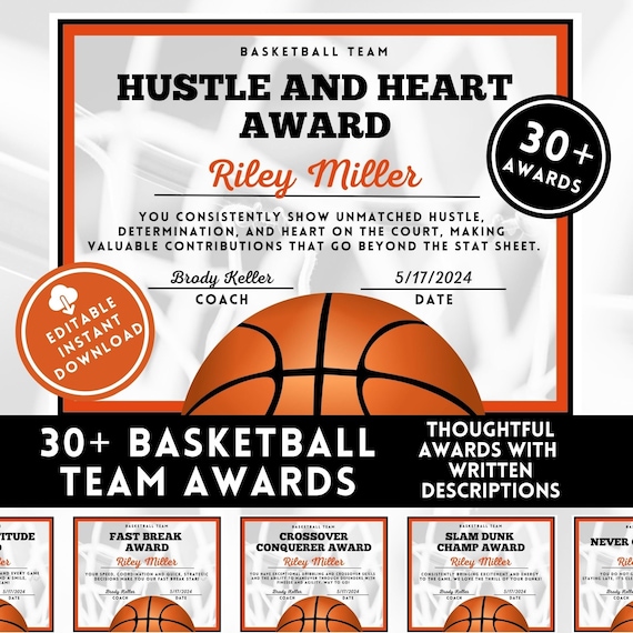 Basketball Award Certificate Editable Award Ceremony Printable End of Season Basketball Canva Basketball Team Party Printable Template