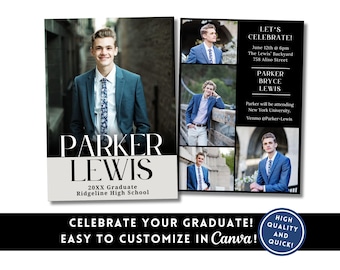 Abitur Ankündigung Vorlage Abitur Einladung 2026 Vorlage Senior Grad Party Jungen bearbeitbar in Canva Jungen Graduierung Karte einladen