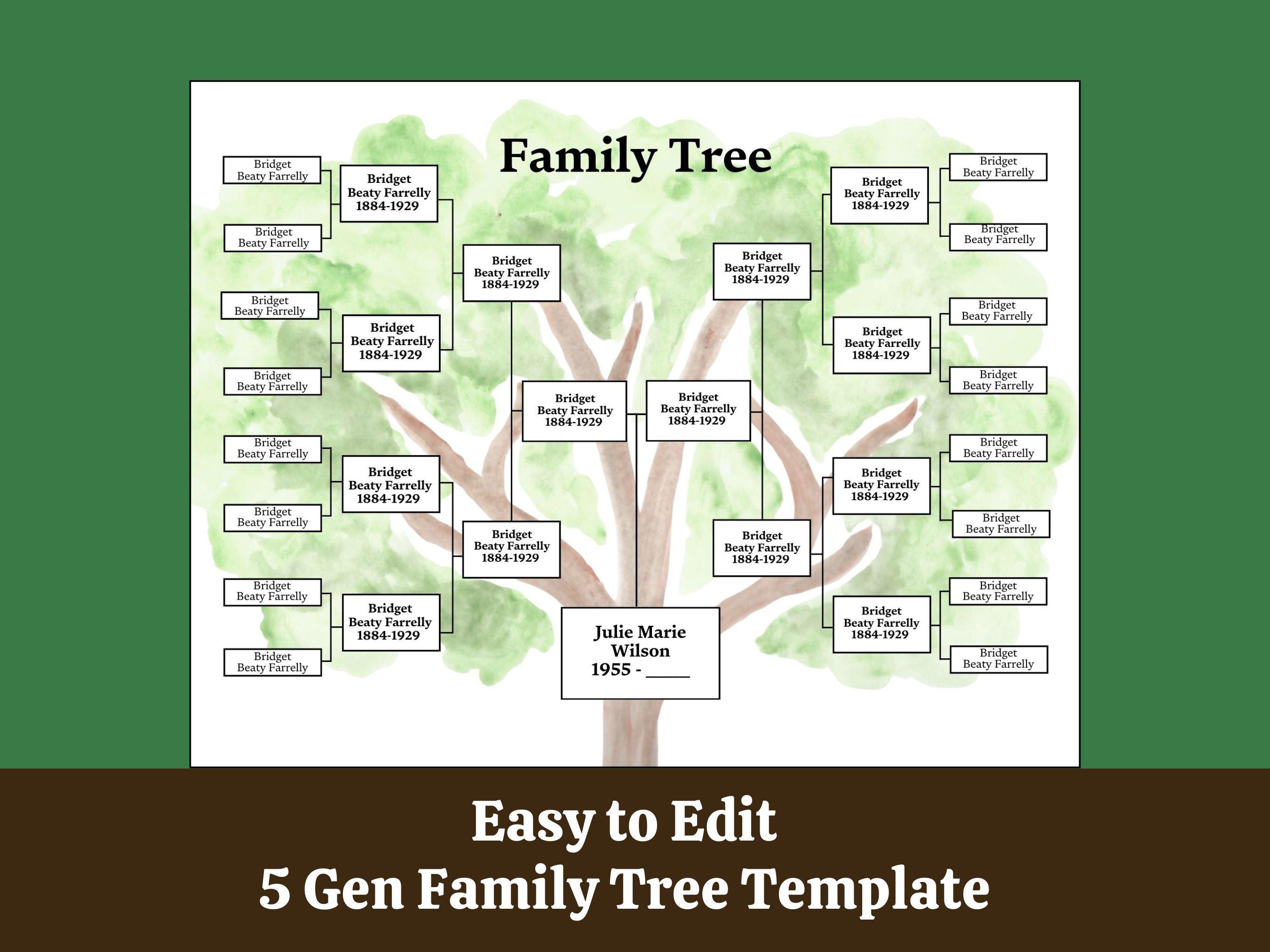 Family Tree Template 5 Generation, Family Tree Chart, Editable ...