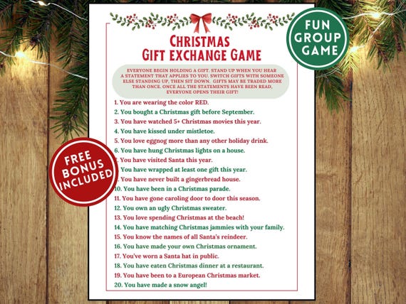 Christmas Gift Exchange White Elephant Game Christmas Party Games Printable Christmas Games for Families Parties Christmas Activity Teens